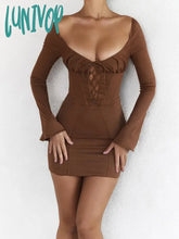 Lunivop Lace Long Sleeve Up Dress Sexy Bodycon Birthday Day Holiday Party Dresses Mini Flare Women
